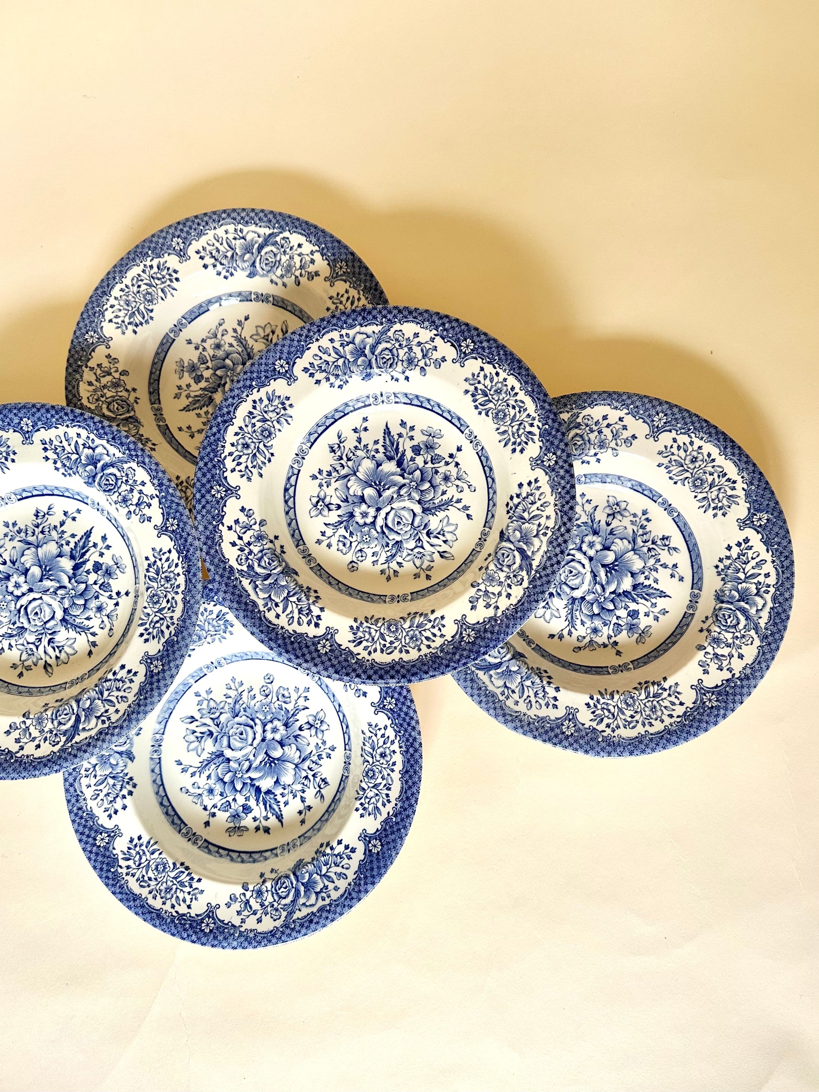 Set de six assiettes creuses anglaises, en céramique ironstone, motifs fleurs