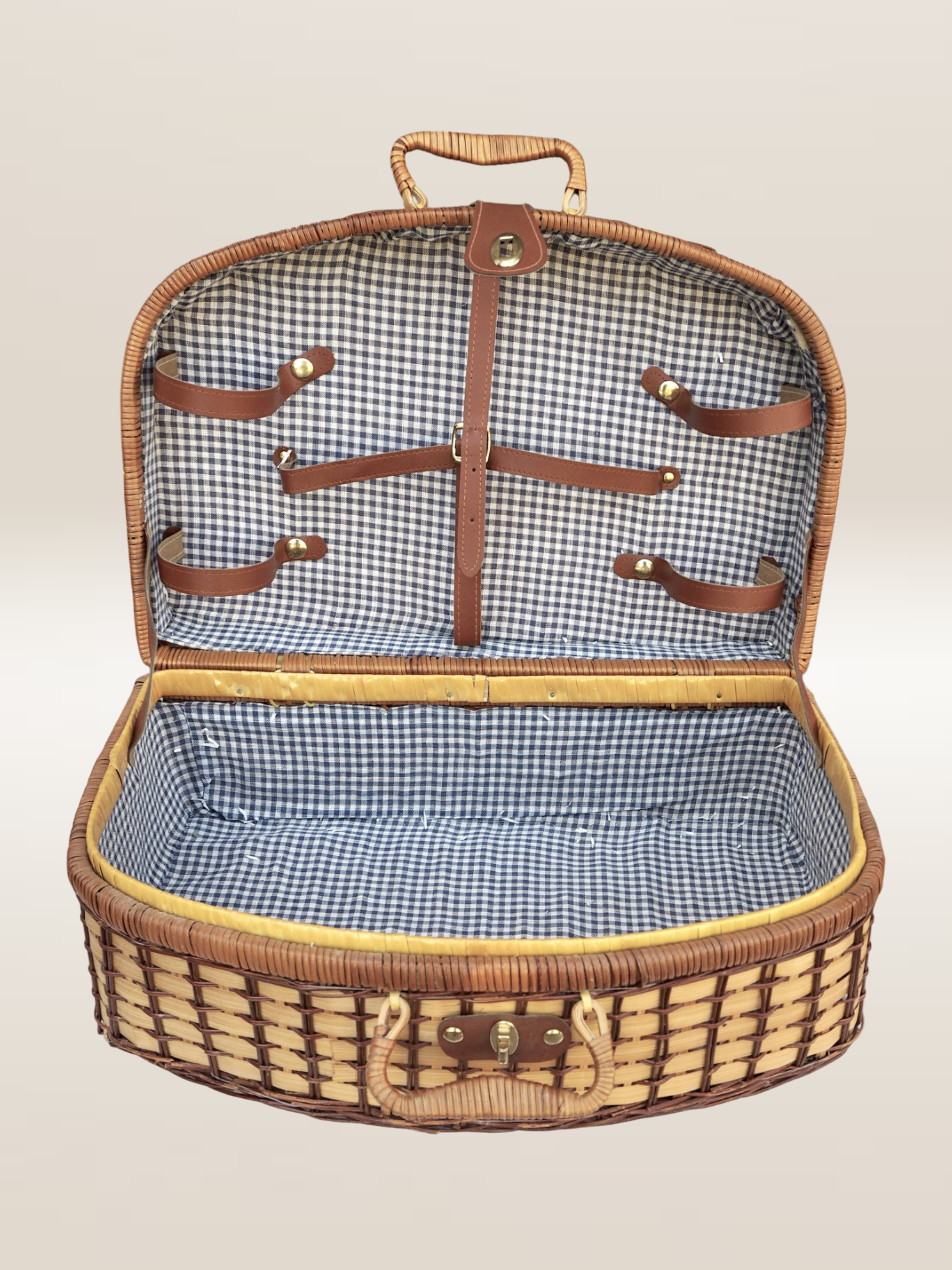 Panier de pique-nique en osier, intérieur en vichy bleu