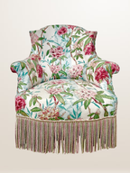 Fauteuil crapaud style Napoléon III, tissu fleuri avec coussin