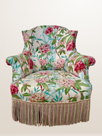 Fauteuil crapaud style Napoléon III, tissu fleuri avec coussin